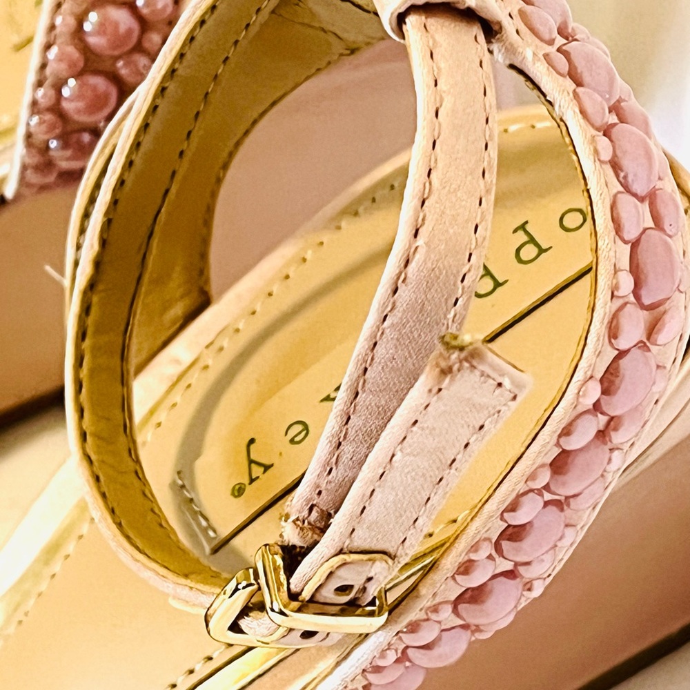 Copper Key Pink Faux Pearl Embellished Ankle Strap Coquette Wedge Sandals Size 8 - Picture 7 of 10